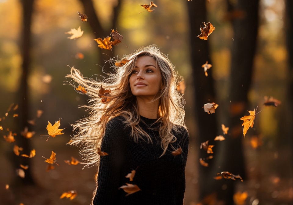 Woman with beautiful hair in autumn leaves