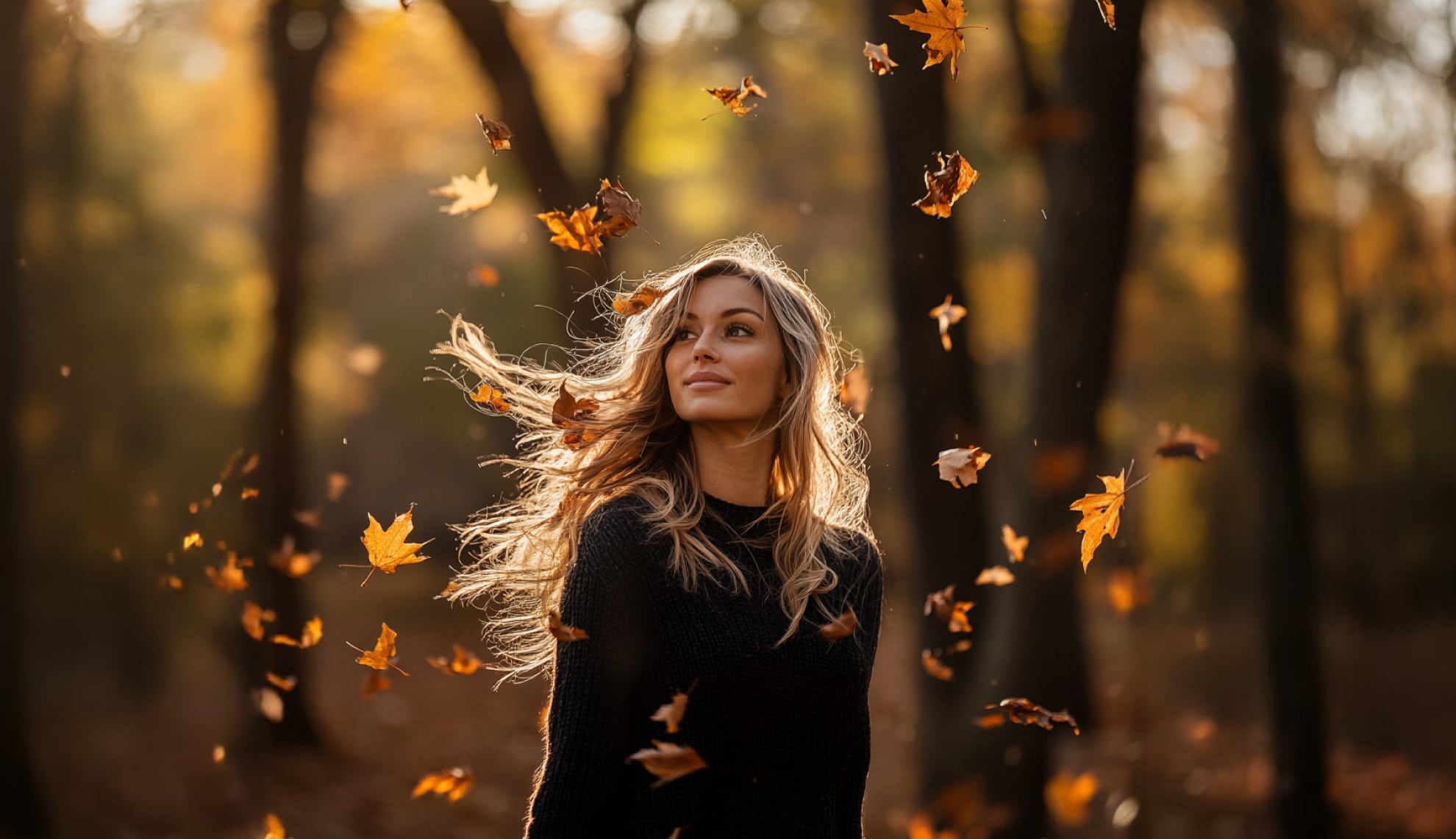 Woman with beautiful hair in autumn leaves