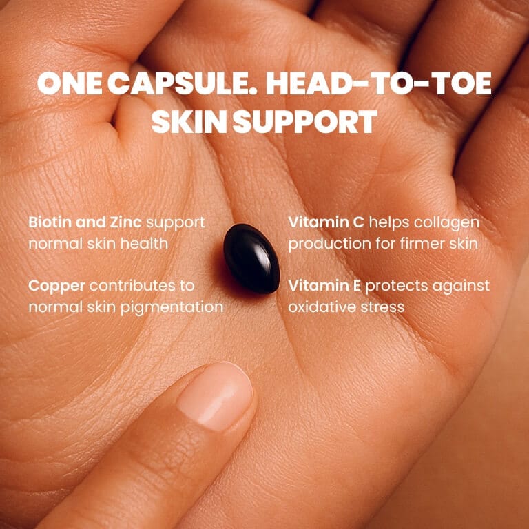 One capsule for complete skin care – with biotin, zinc, copper, and vitamins C & E to support healthy, firm, and protected skin.